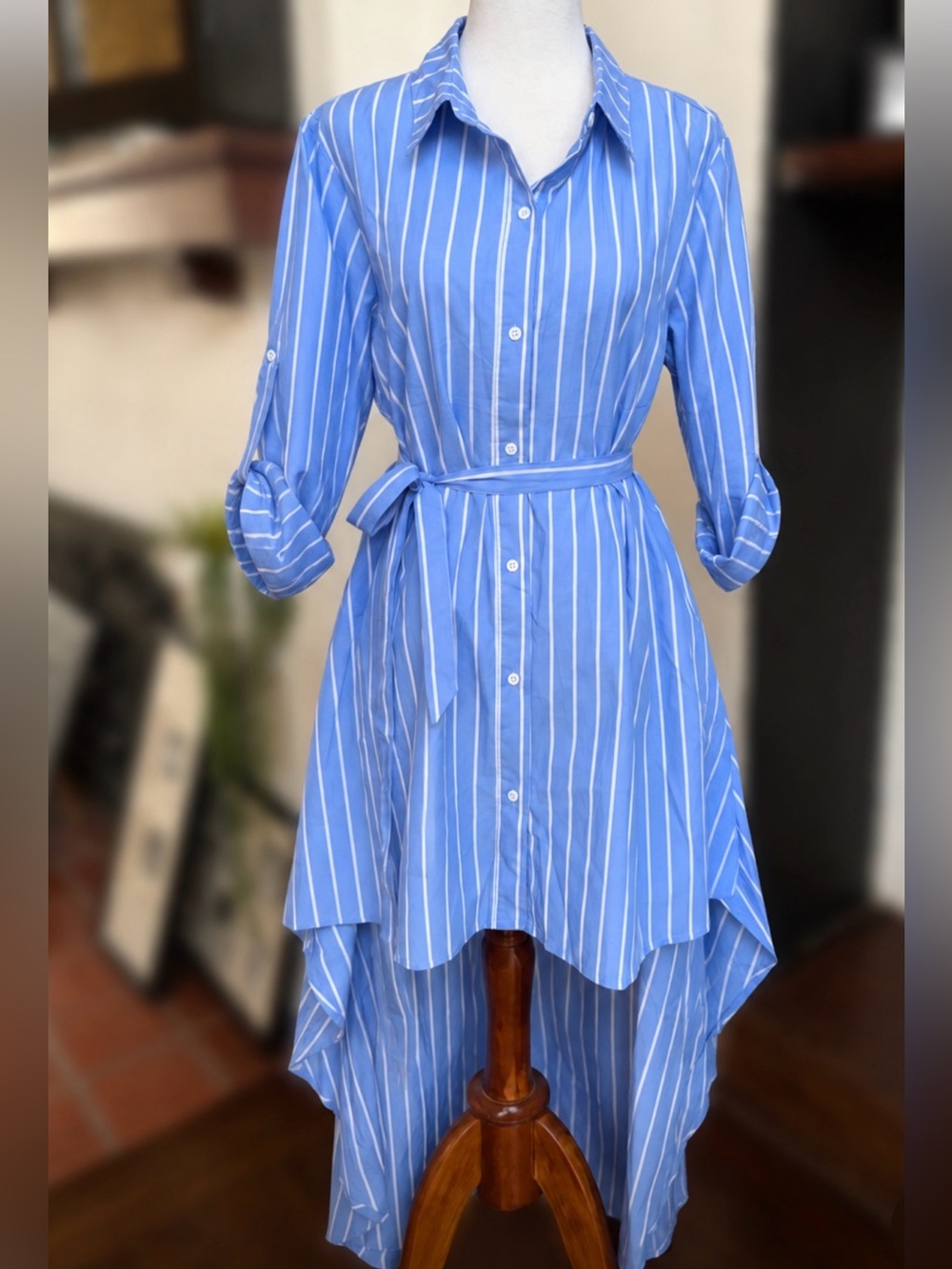 HAYDEN Periwinkle Blue Striped Shirt Dress Tunic Belted Button Front High Low L